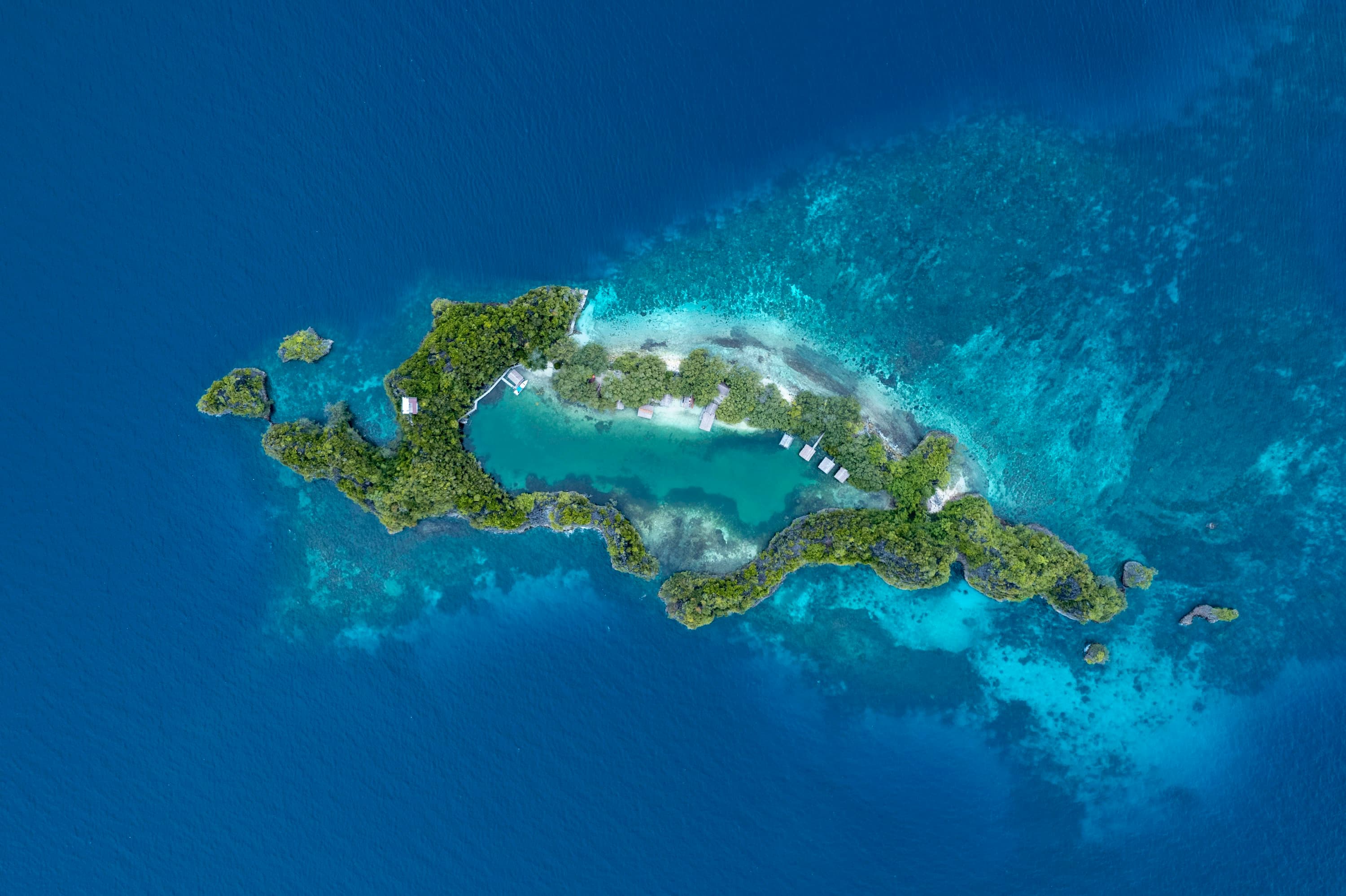 A green island ringed by reef in deep blue sea